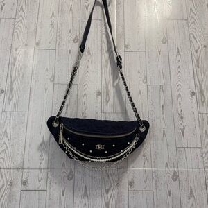 BADGLEY MISCHKA Denim Diamond Quilted Fanny Pack with Pearls